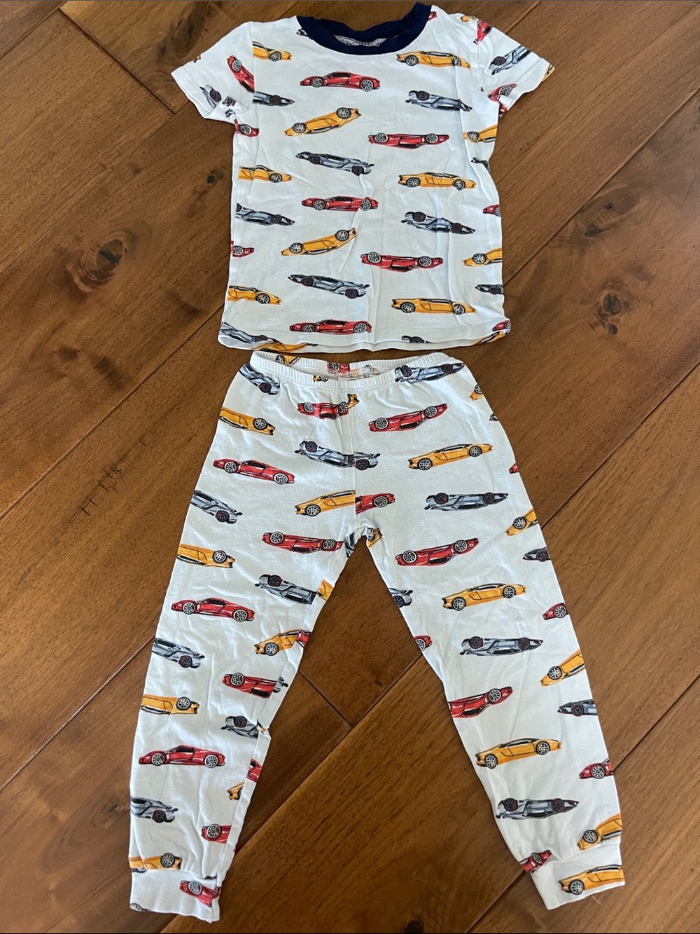Kids Car-Print Pajama Set in White with Red, Yellow, and Black Cars